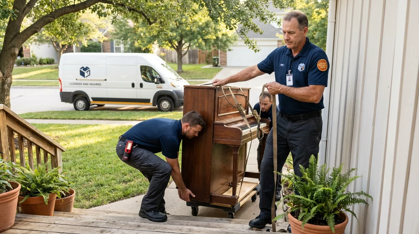 Licensed piano movers securing grand piano in Lakeview, OH