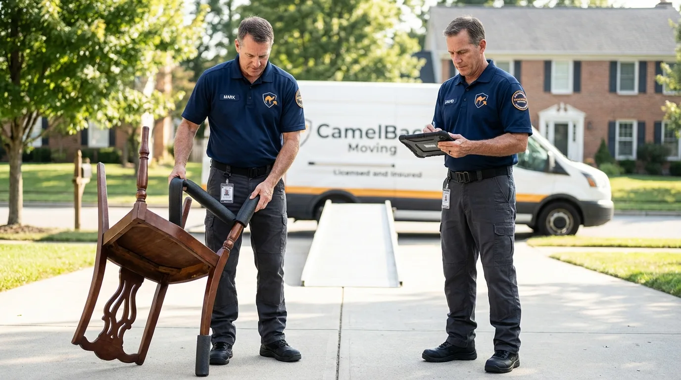 Movers inspecting furniture for damage prevention before loading in Lakeview, OH