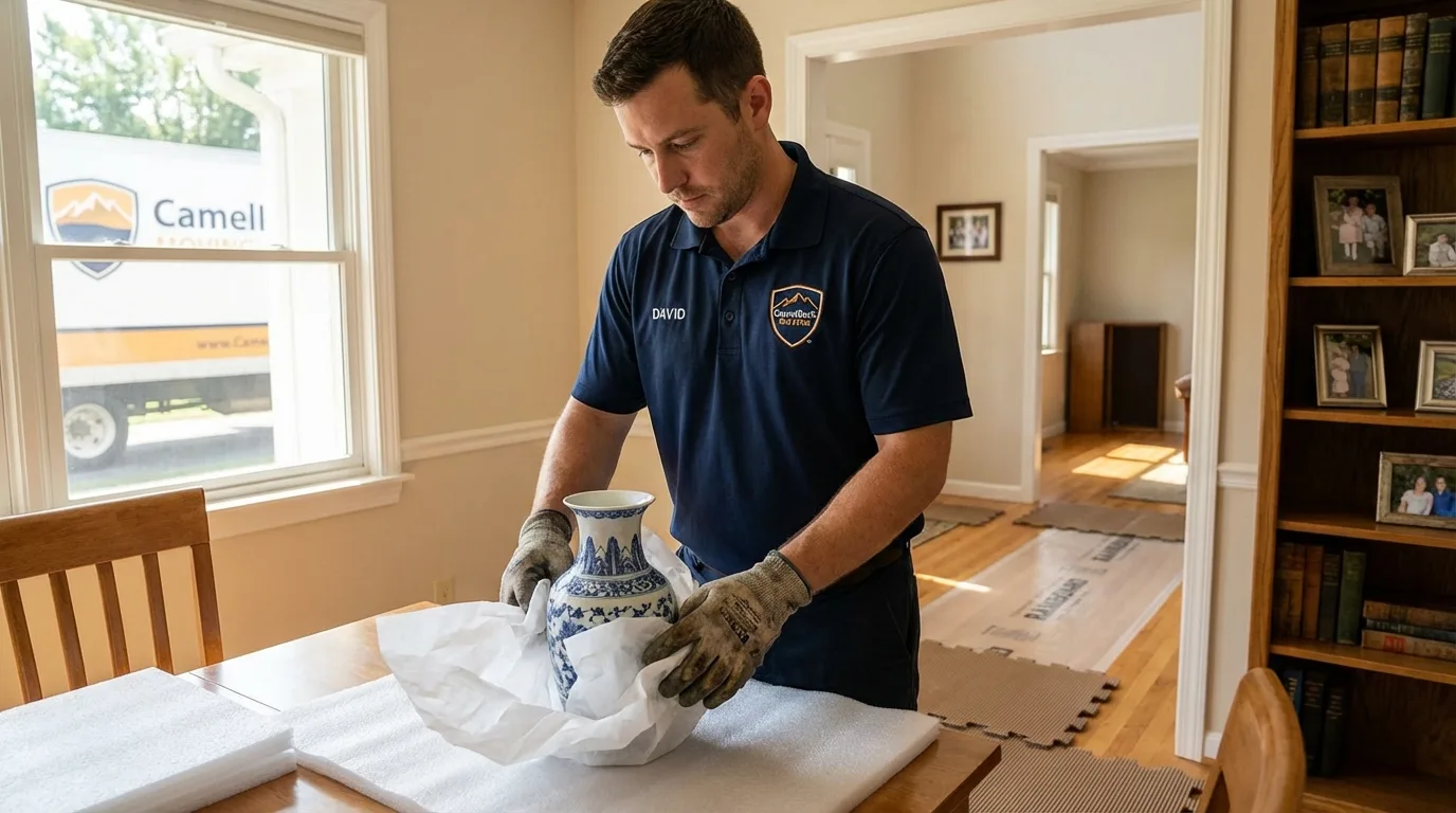 Professional crew carefully wrapping antique vase for senior downsizing move in Lakeview, OH